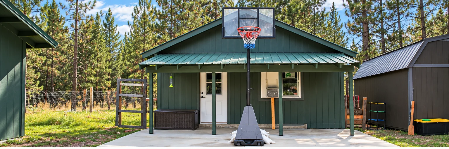 Campus building with a basketball hoop and surrounding trees