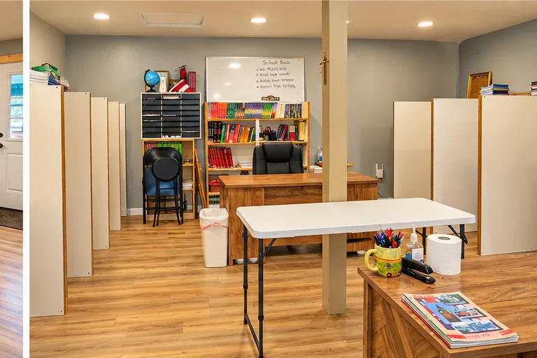 Classroom with study spaces, books, and learning materials