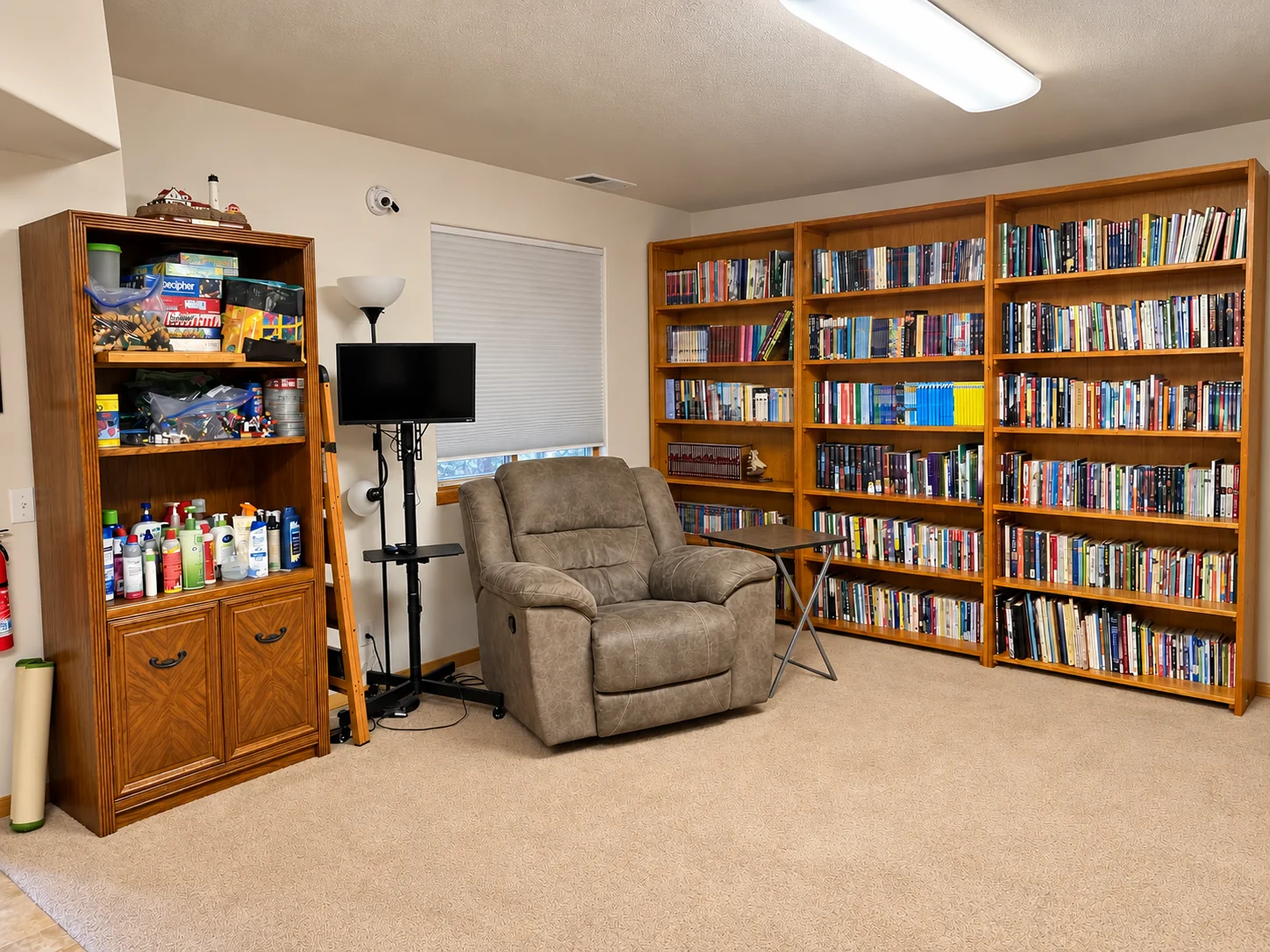 Campus reading area with bookshelves and an armchair