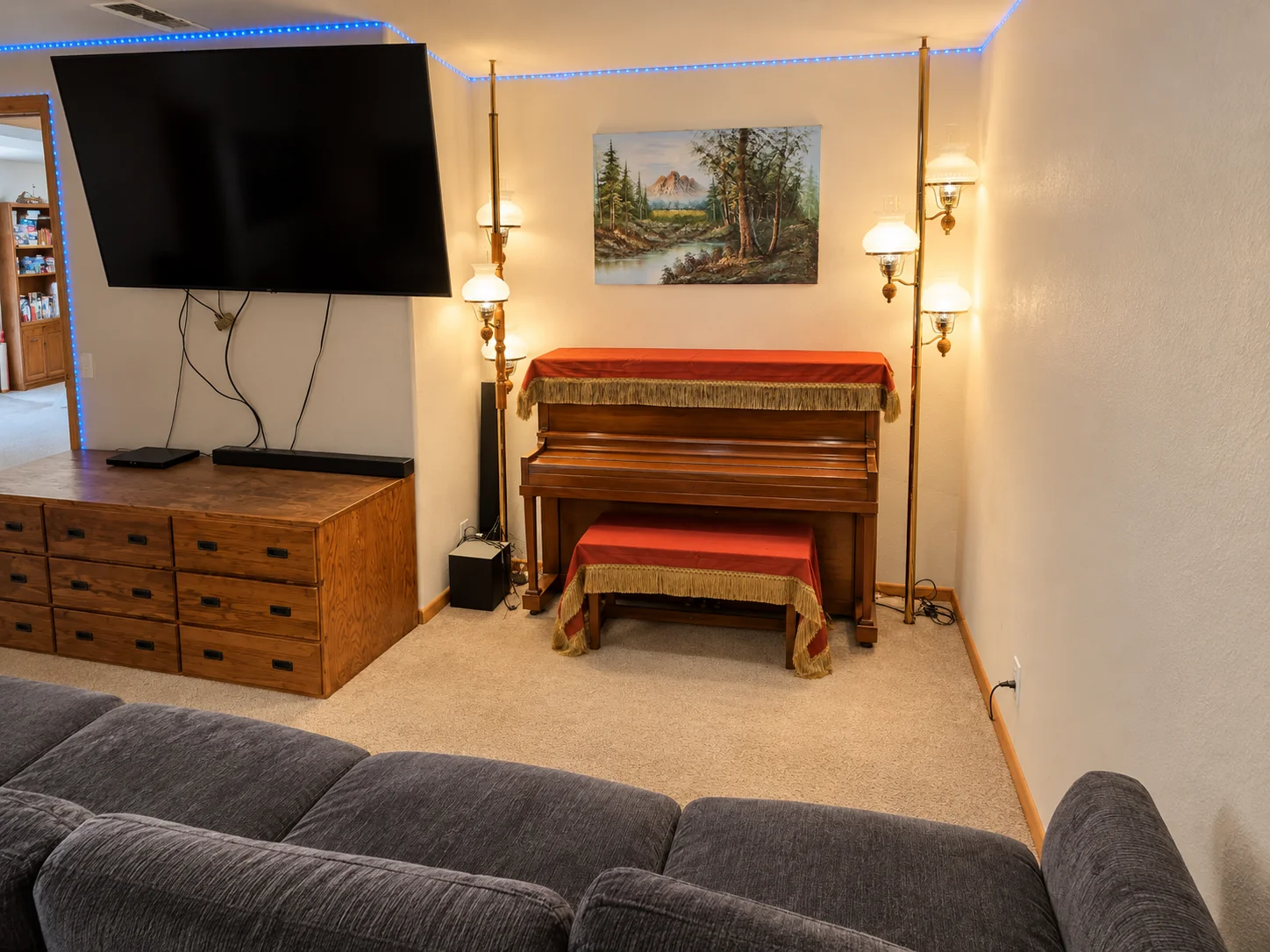 Living area with a piano and television