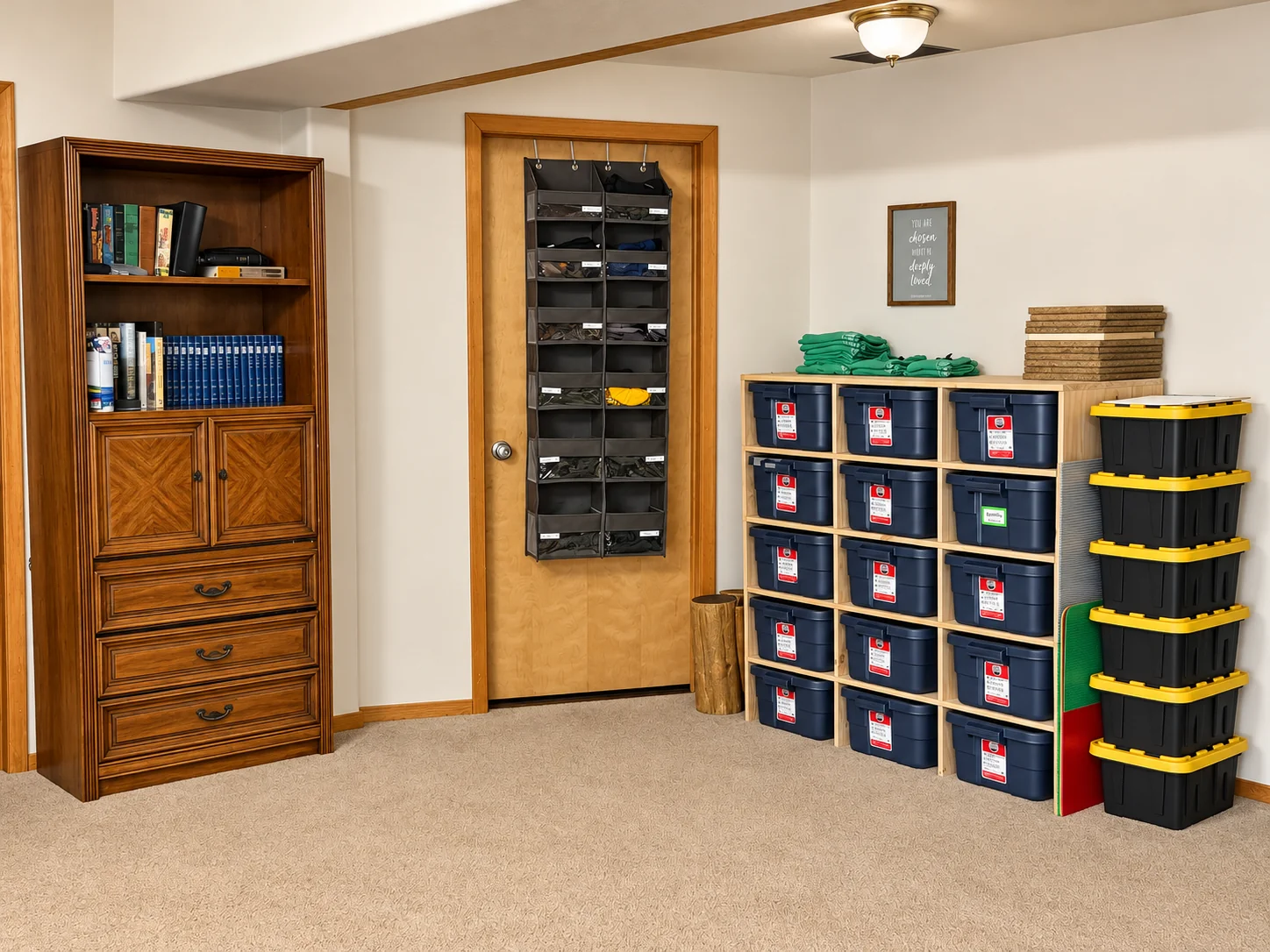 Campus storage area with bookshelves and colorful cubbies