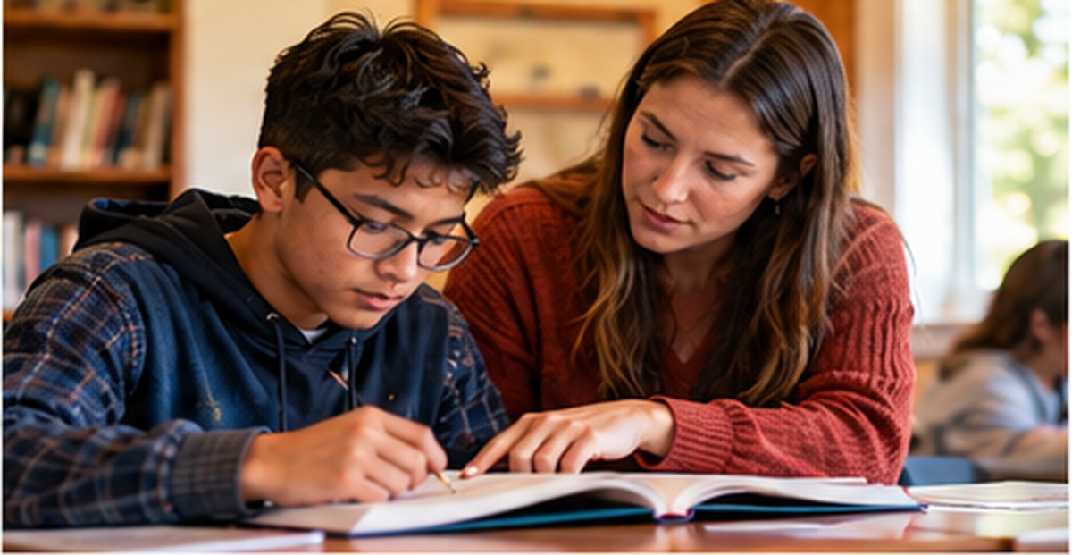 Teacher providing individualized guidance to a boy during a focused lesson
