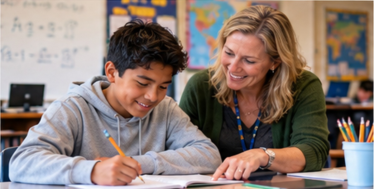 A boy successfully completing a manageable math activity with individualized teacher guidance