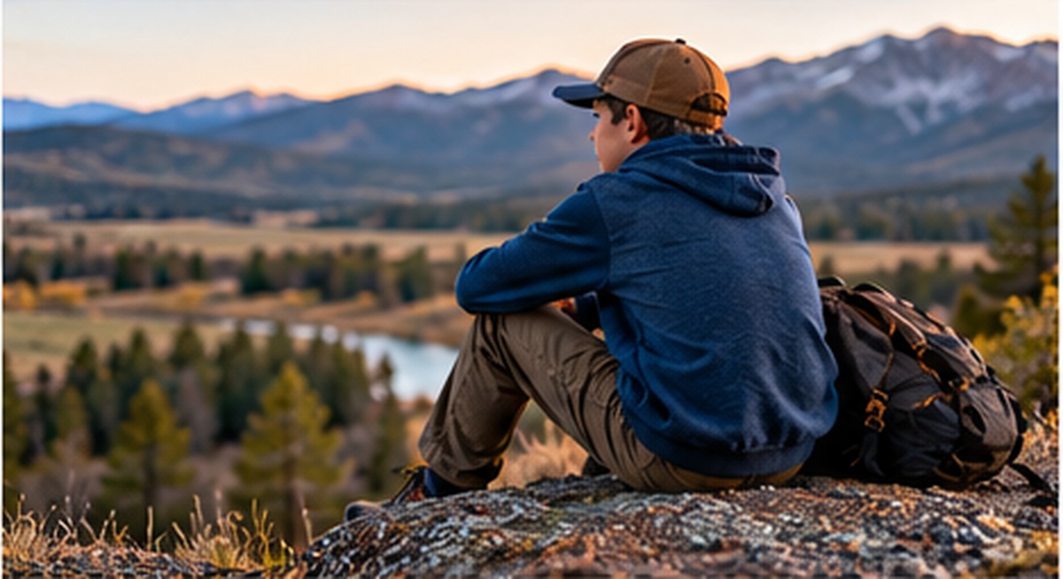 Boy looking across a Montana mountain landscape after a day of learning and outdoor activity