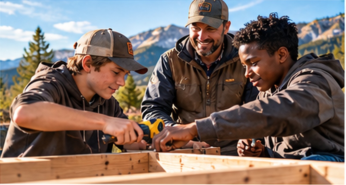 Boys completing a practical outdoor project together, demonstrating teamwork and accomplishment