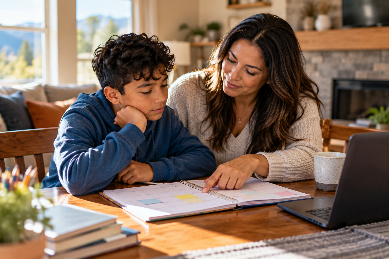 A mother and son planning for a transition together