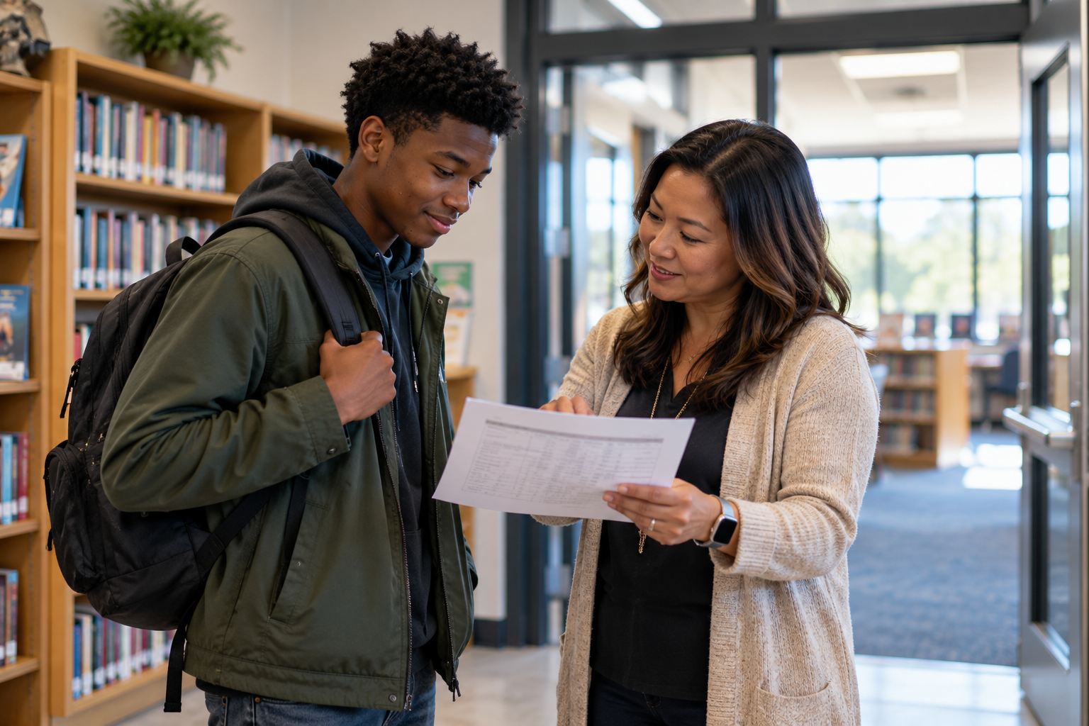A teacher welcoming a student in a library