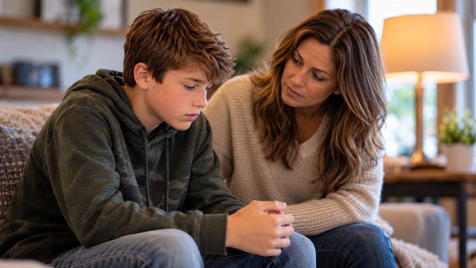 Mother listening attentively to her son during a quiet conversation at home