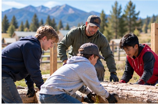 Boys developing teamwork and responsibility through a supervised outdoor project