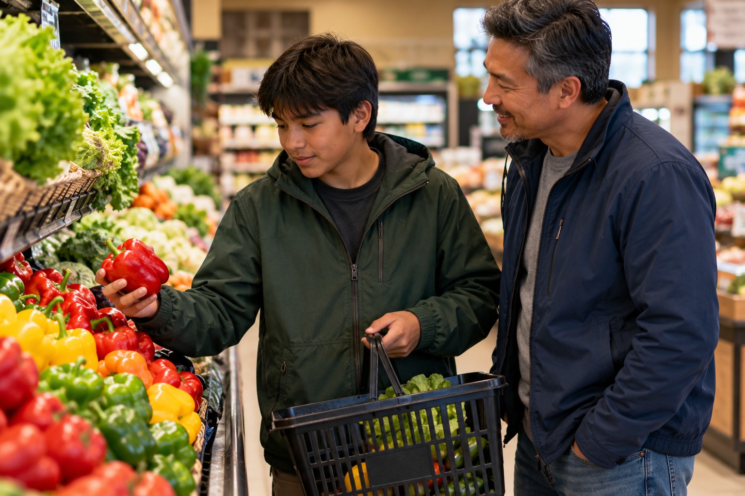 A boy choosing groceries with a caregiver