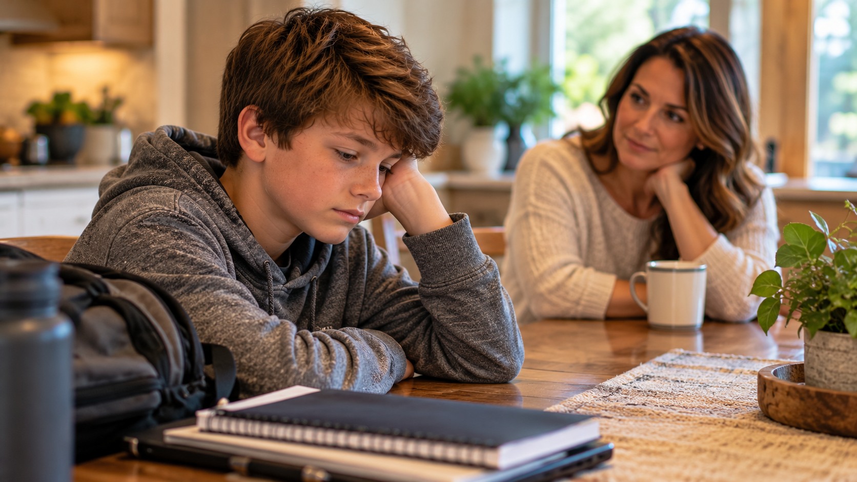 A boy sitting with his mother during a difficult moment at home