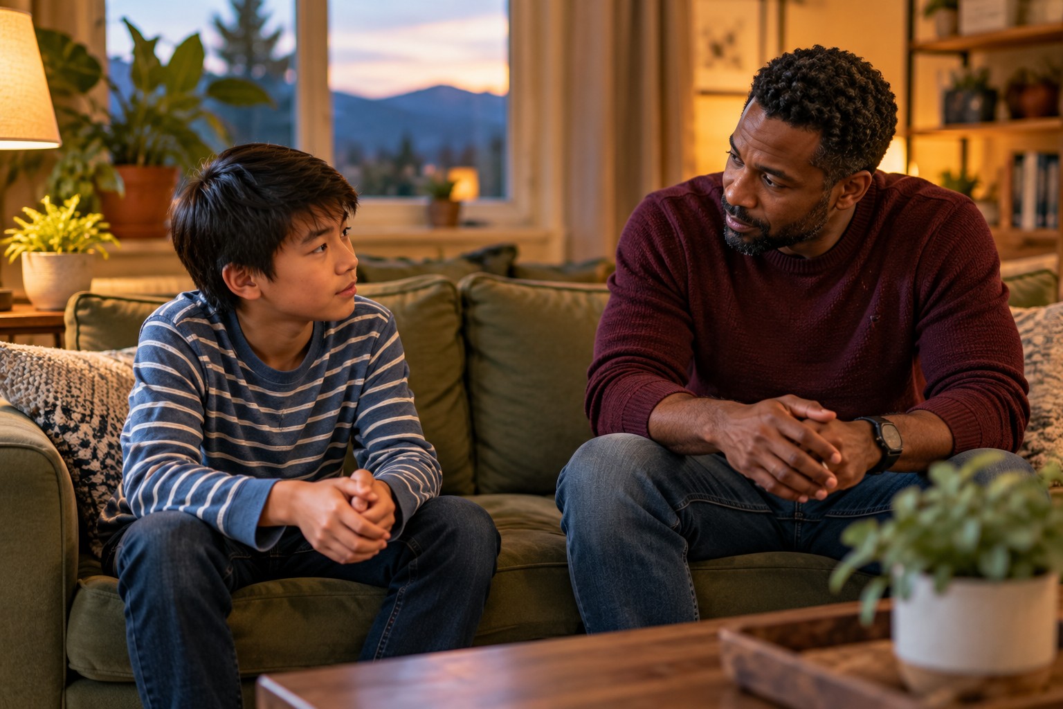 A boy having an honest conversation with his father