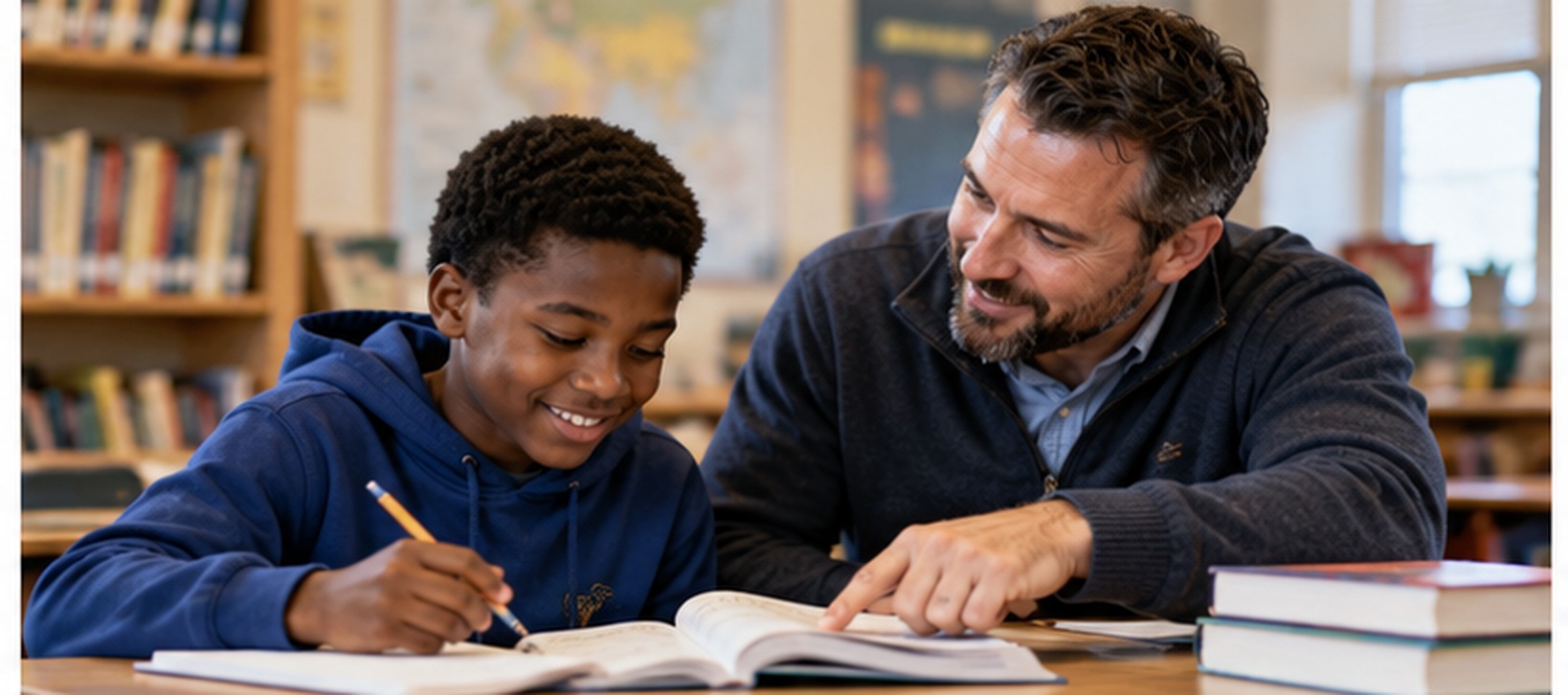 Middle-school-aged boy receiving supportive reading instruction from a male teacher in a quiet classroom