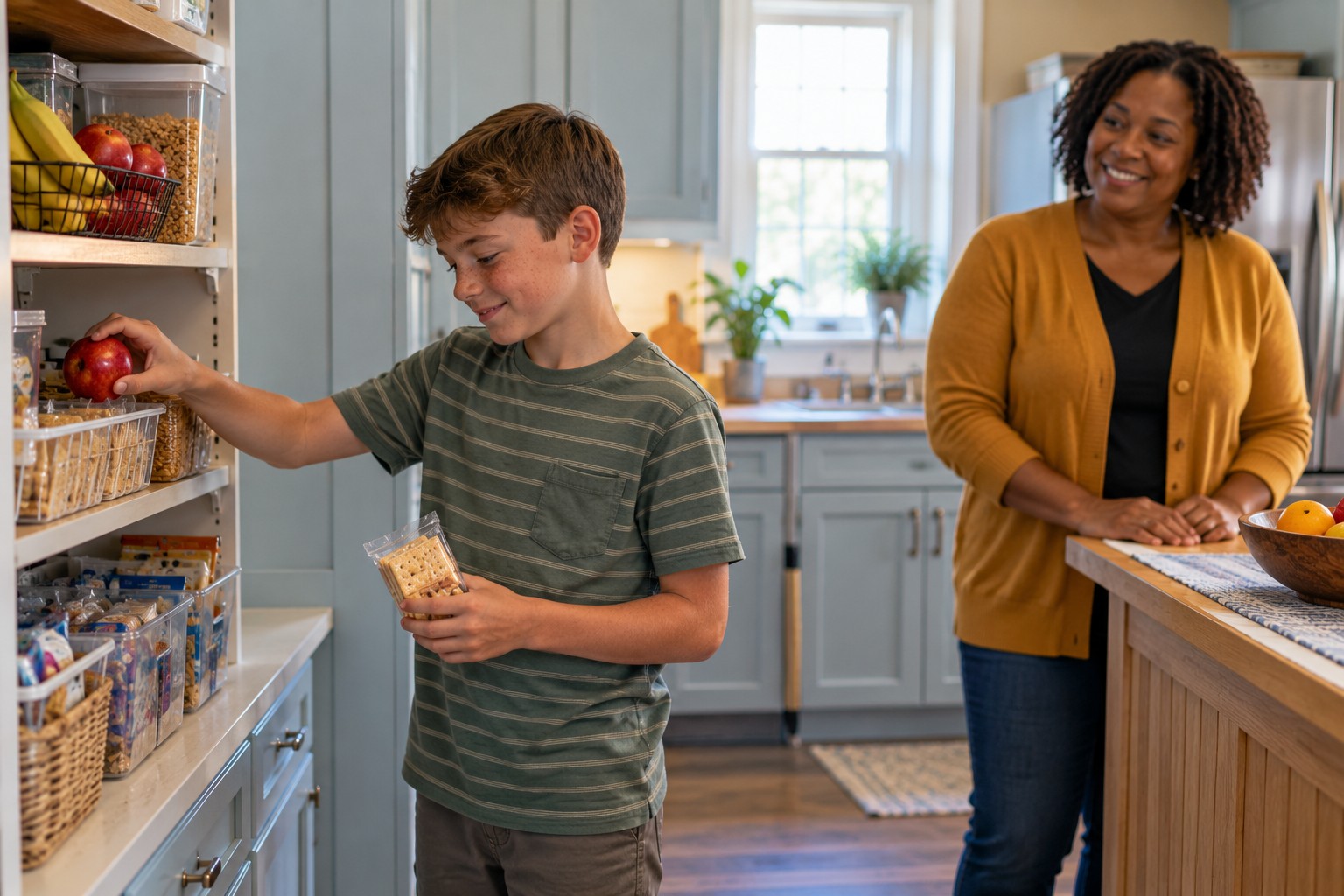 A boy choosing a snack with a caregiver