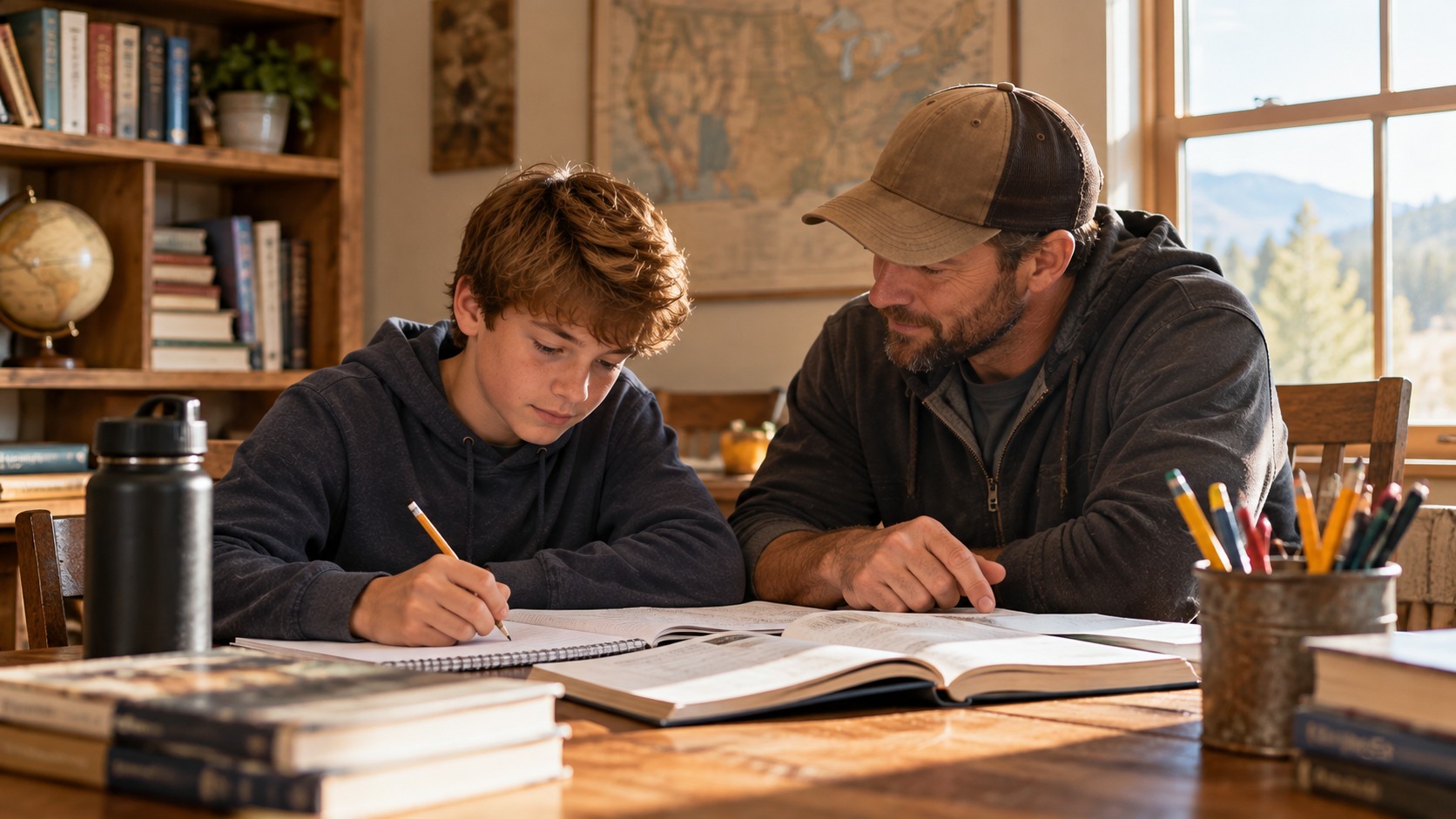A boy receiving calm, patient guidance from an adult mentor during homework
