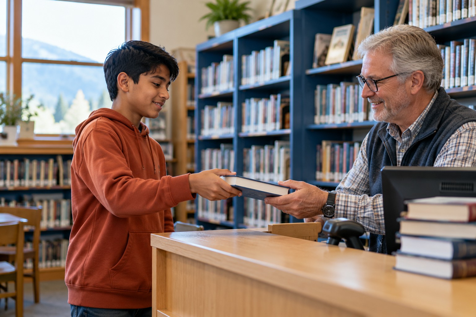 A boy returning a borrowed book to a school library
