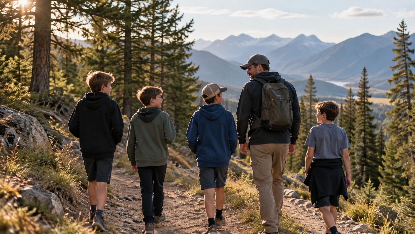 Boys enjoying an outdoor walk in Montana with an adult mentor