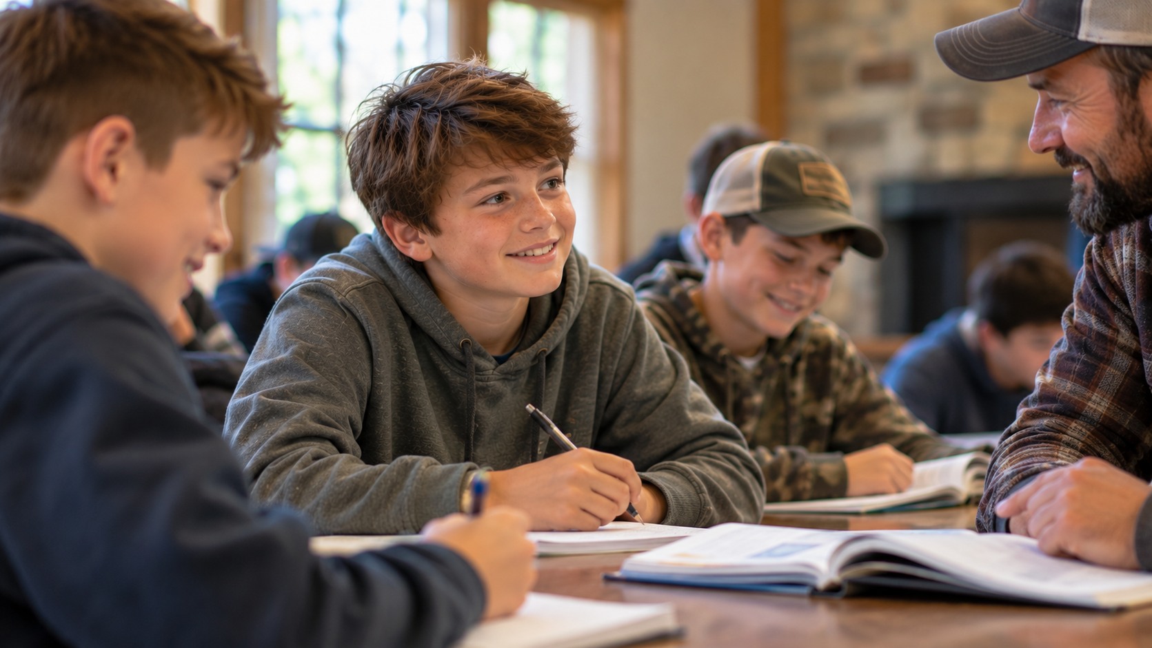 Boys participating cooperatively in a small-group learning activity