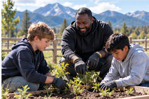 Boys working together in a garden with a supportive adult mentor