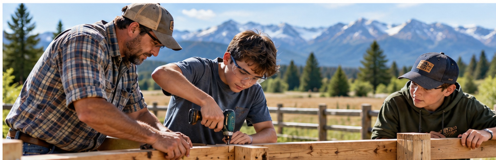 Two boys ages 11–15 completing a hands-on outdoor learning project with an adult mentor