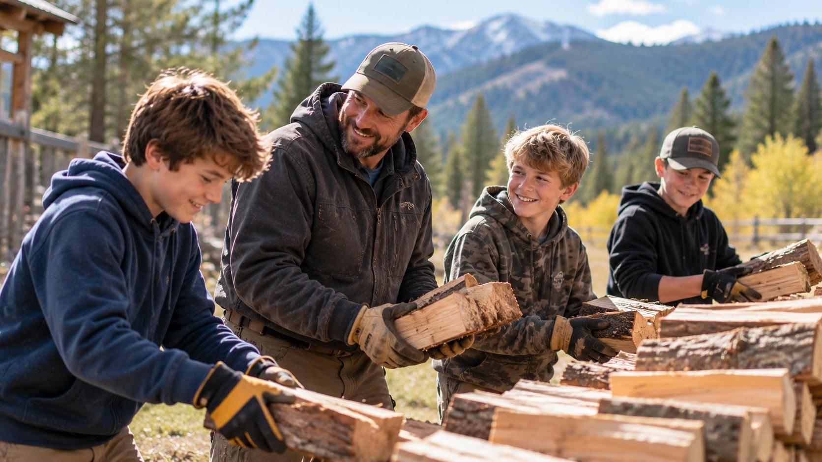 Boys learning practical outdoor skills under adult supervision