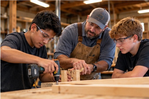 Boys learning practical woodworking skills with an adult mentor