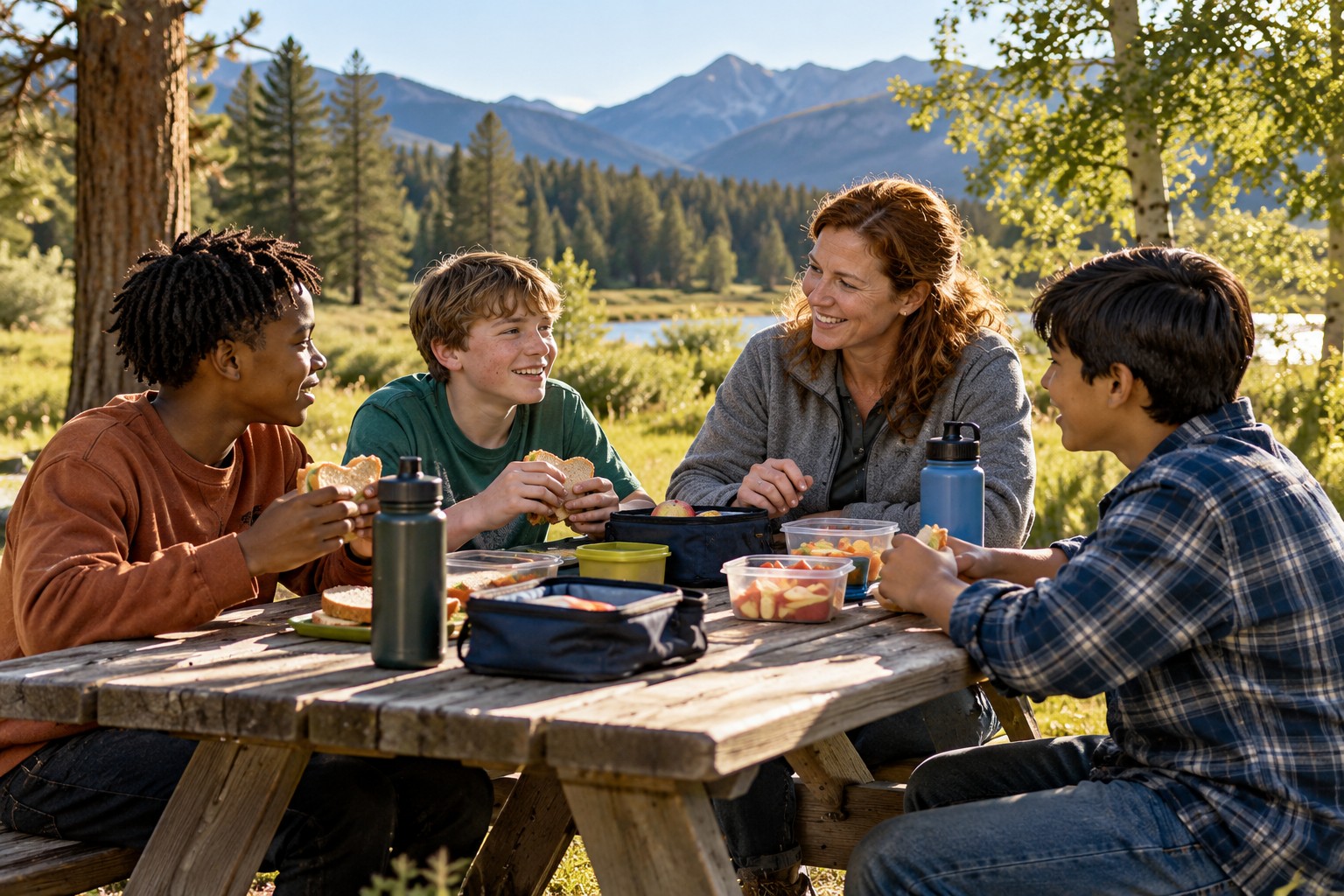 Boys sharing a meal outdoors with a mentor