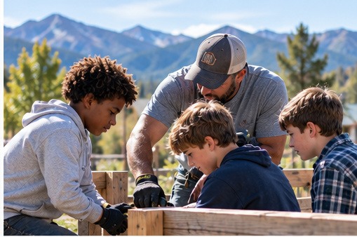 Boys working together outdoors under the guidance of an adult mentor