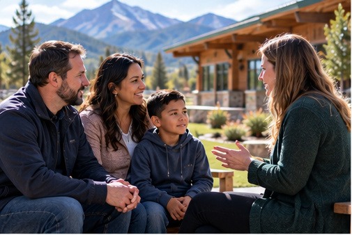 Parents and son discussing a Christian boarding school visit with an adult staff member