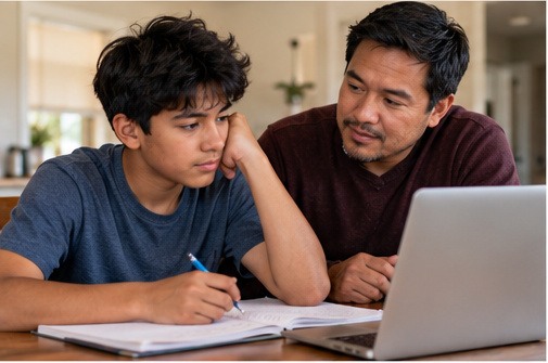 Father and son discussing possible boarding school options together