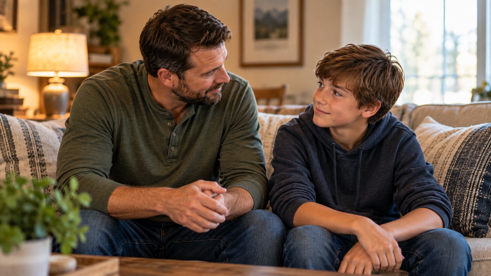 A father listening attentively to his son during a calm conversation