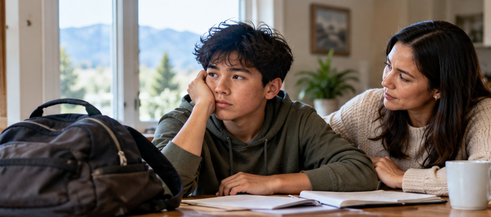Boy sitting at a kitchen table with an unopened school backpack while his father offers calm support