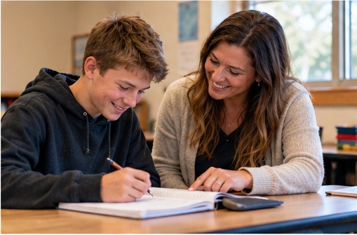 A boy receiving individualized academic guidance from an adult