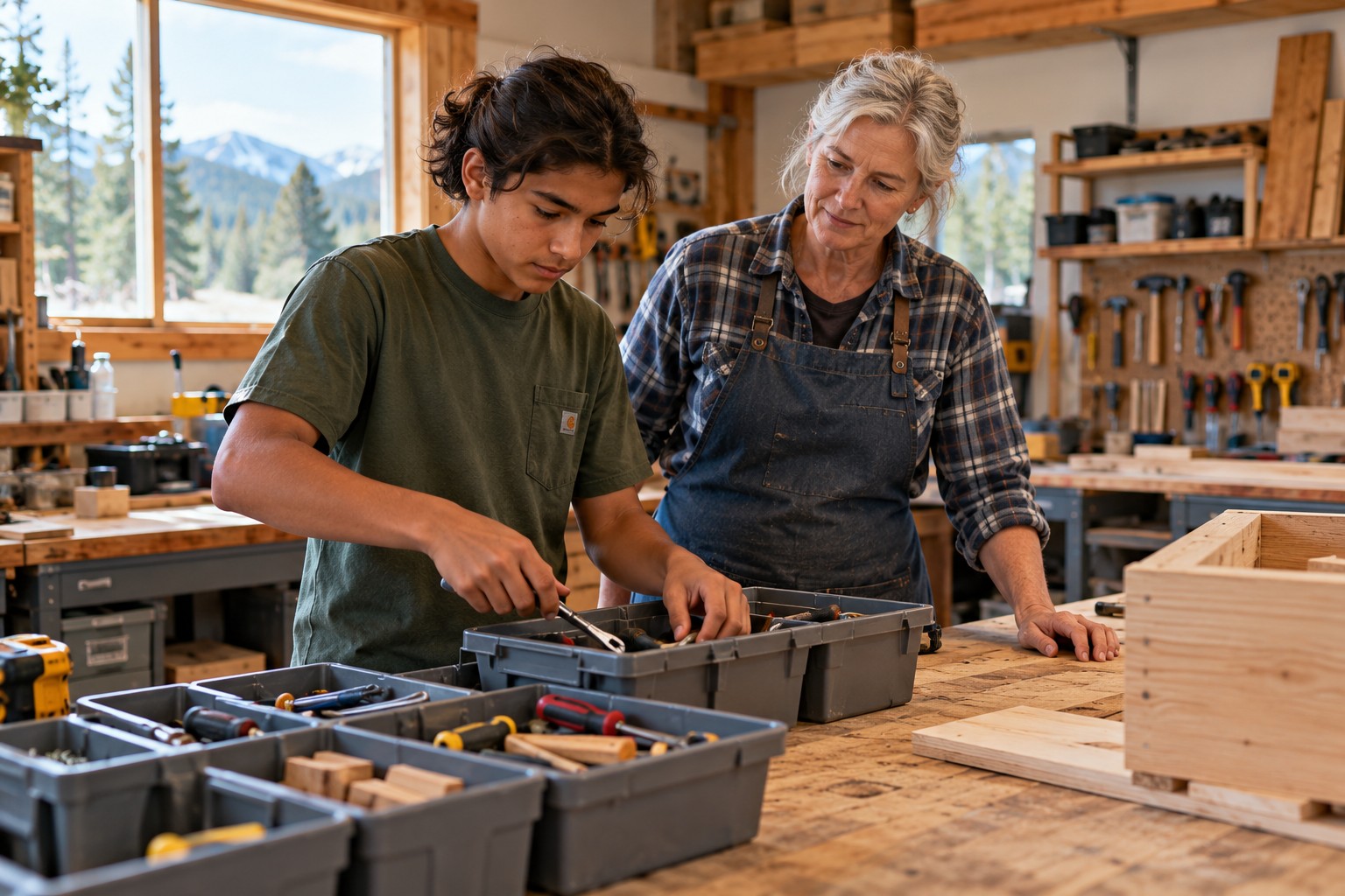 A teen organizing belongings with a mentor in a workshop