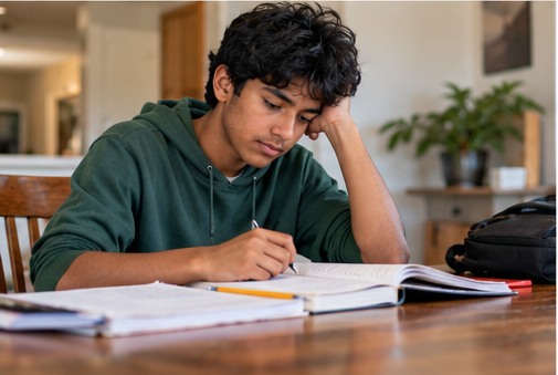 A boy looking frustrated while working on homework at home